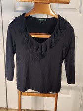 Lauren Ralph Lauren Black Ruffle V-Neck 3/4 Sleeve Top Large L/G Viscose Blend