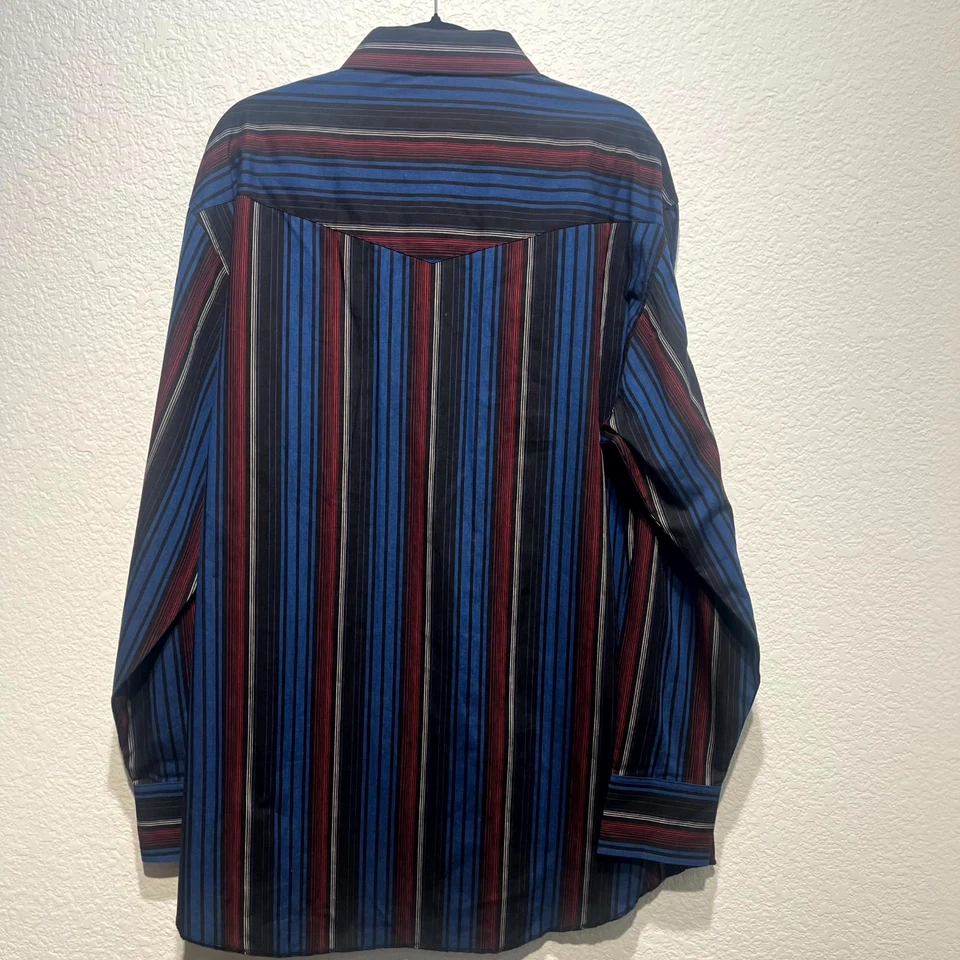 Рубашка вестерн Wrangler мужская 17,5 разноцветная в полоску хлопок жемчуг застежка синяя - Изображение 2 из 4