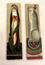 Vintage E. Smithson Cat Wall Plaques Hand Painted Folk Art Resin 11" Set of 2