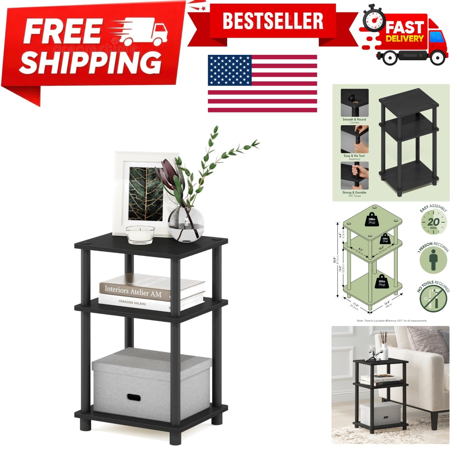 JUST Side Table, 3-Tier End Table, Open Shelves Night Stand, Bedside Table, T...