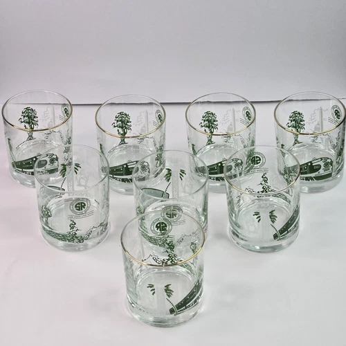 Vintage Southern Railway Look Ahead Look South Train Gold Rim Glasses Set of 8