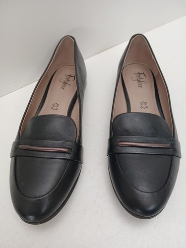 M&S size 7.5 Footglove Ladies Flat Slip On Black Leather Shoes Cushioned Footbed