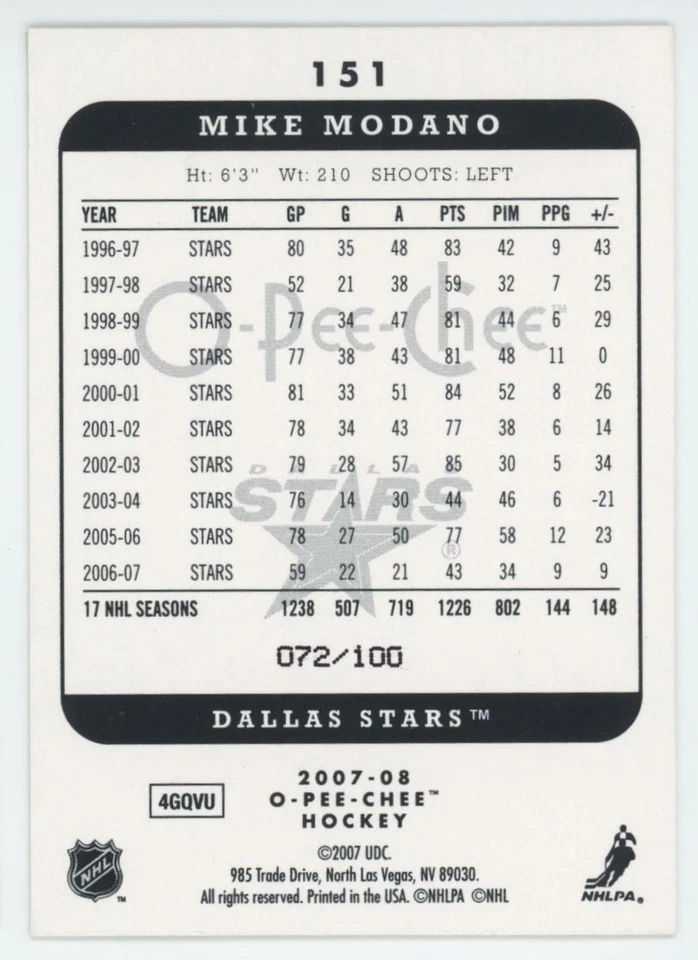 2007-08 O-PEE-CHEE Mike Modano #151 MICROMOTION BLACK /100 - Image 2 of 2