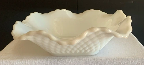 Candy Dish White Hobnail Milk Glass Elegant Ruffled Edge Unmarked Vintage