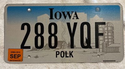 LICENSE PLATE      IOWA  288 YQF  POLK 2013