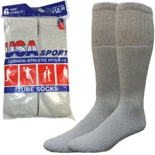 6 Paris Men's Grey Cotton Athletic Sports Tube Socks 22" Size 9-15