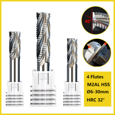 4 Flutes Spiral Rough End Mill High Speed Steel Milling Cutter HRC32° Dia 6-30mm