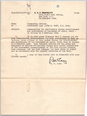 Commendation for performance establish beachhead Anzio Itly  1944 Signed RW CARY