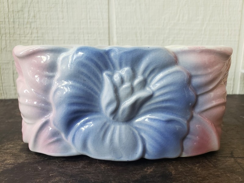 Vintage Royal Copley Blue & Pink Hibiscus  Planter/Vase