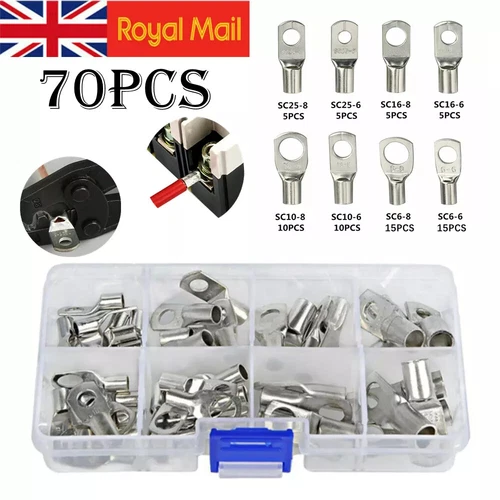 70Pcs Copper Tube Terminals Battery Welding Cable Lug Ring Crimp Connectors Set - Picture 2 of 18