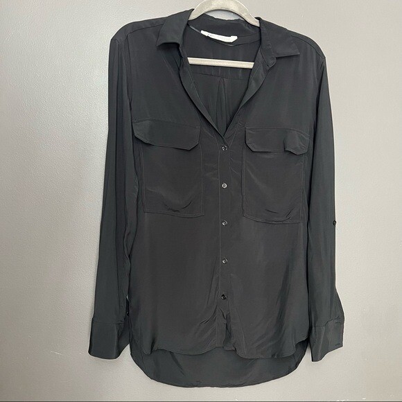 Zara Solid Black Button Down Shirt Front Pockets - image 6