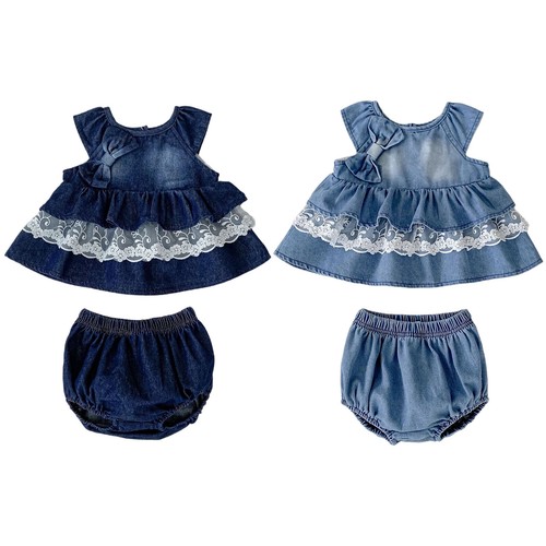 Baby Mädchen Jeans Set Kinder zweiteilig Schleife verziert Kleid mit Unterhose