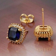 2Ct Cushion Cut Lab Created Sapphire Women Stud Earrings 14K Yellow Gold Plated