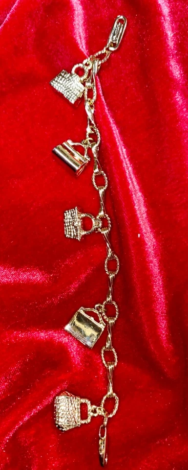 Judith Leiber gold tone mini purse charm bracelet vintage Clear Crystal Foto 2 de 4