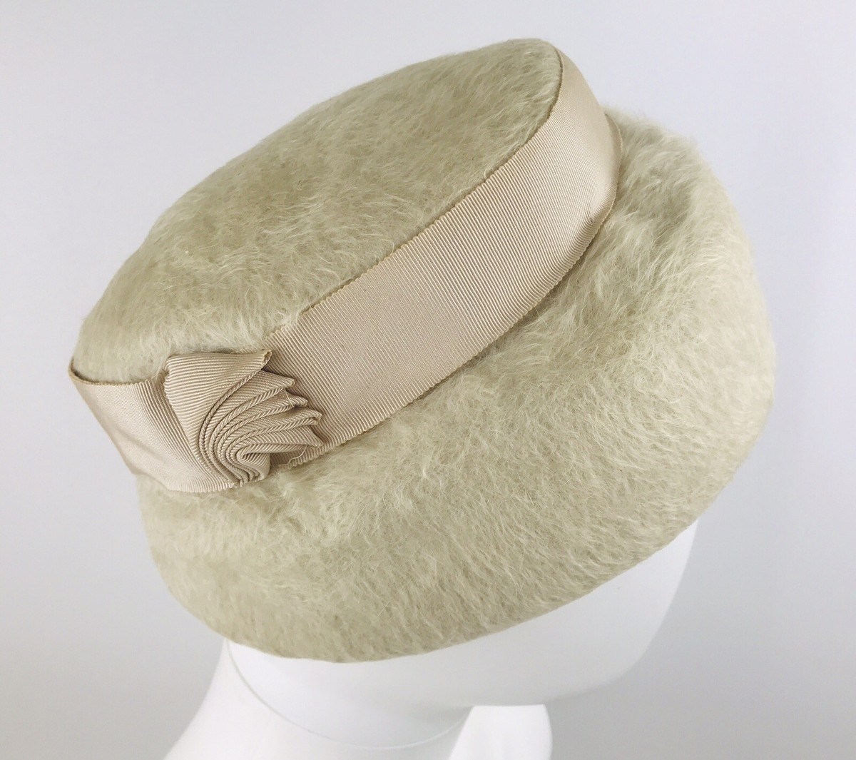 Roberta Bernays Faux Fur Pillbox Hat Ribbon Cream White 