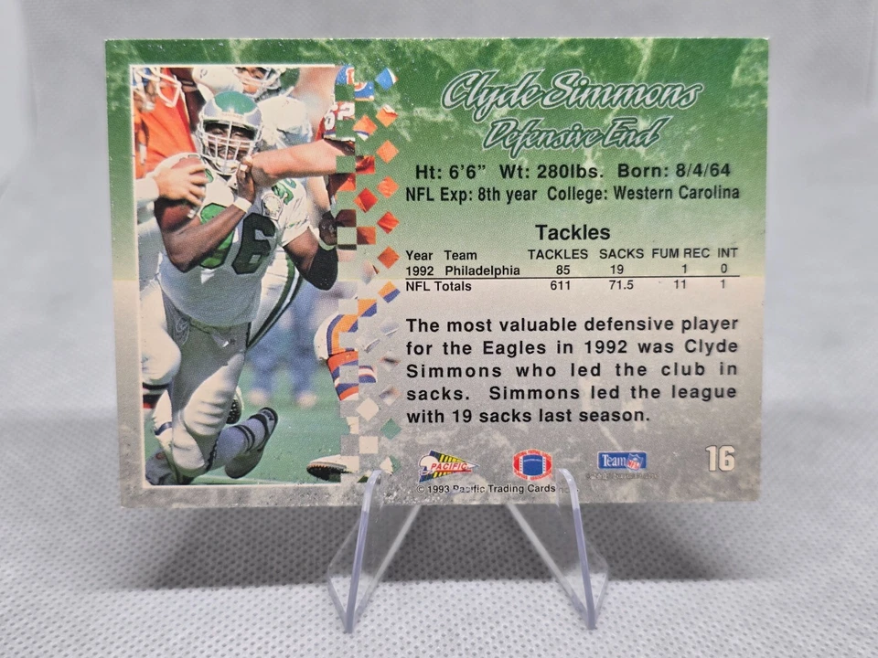 1993 Pacific #16 Clyde Simmons Philadelphia Eagles - Image 2 of 3