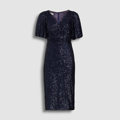 $495 Rickie Freeman by Teri Jon Women's Blue Sequined V-Neck Sheath Dress Size 4