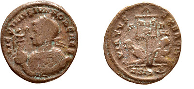 RARE Ancient Rome 320 AD LICINIUS II CAESAR FOLLIS STANDARD VOT SISCIA