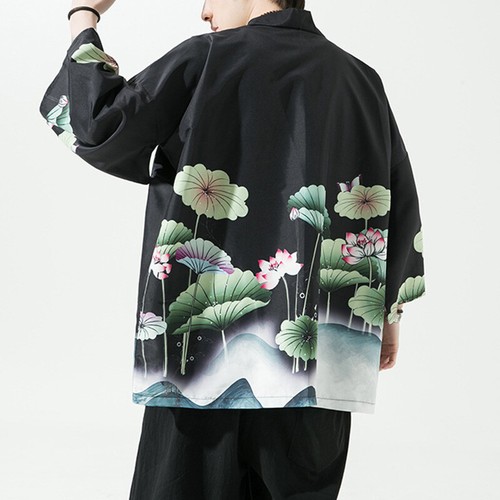 Beokeuioe Manteau Kimono Baggy Imprimé Haori Pour Homme - Veste Mi-saison - Japon Happi Kimono Traditionnel Yukata - Cardigan Ouvert Sur Le Devant - Manteau Léger - Coupe Ample - Peignoir D'été