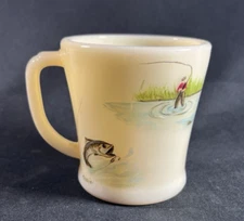 FIRE-KING D-handle IVORY milk glass MUG, Fly Fishing,  vintage Anchor Hocking
