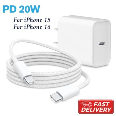 20W USB-C Fast Wall Charger for iPhone 15/16/17 Air Pro Max Samsung Type-C Cord