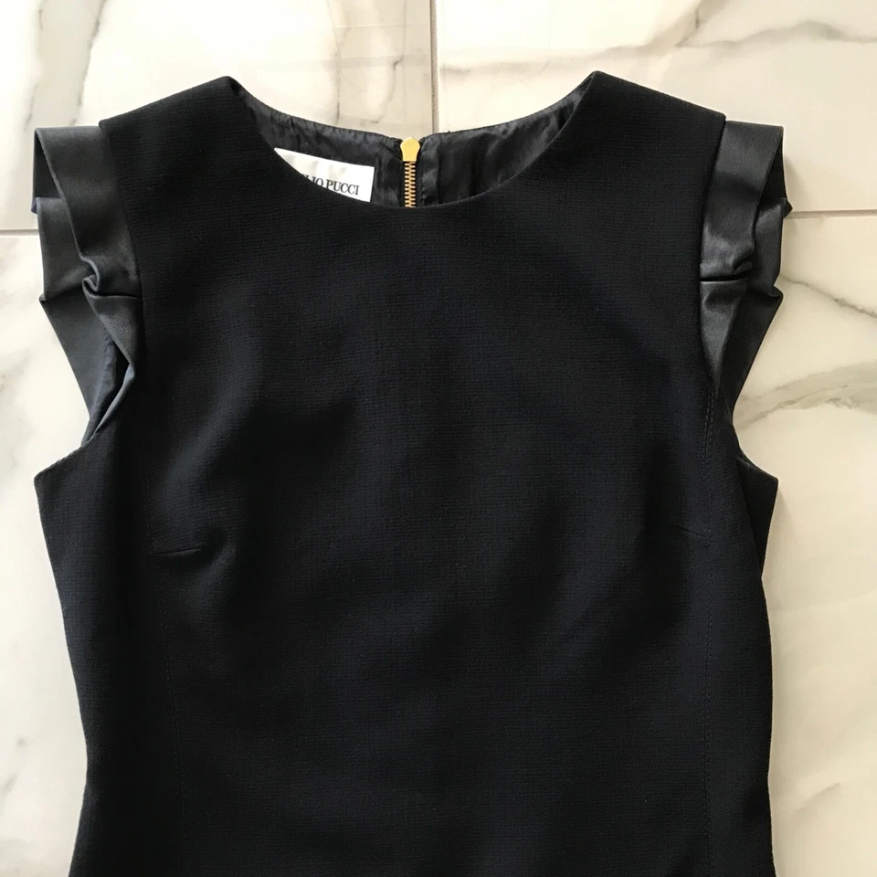 Emilio Pucci Dress Womens 10 Black Wool Sheath Lamb Leather Cap Sleeves - Image 4 of 4