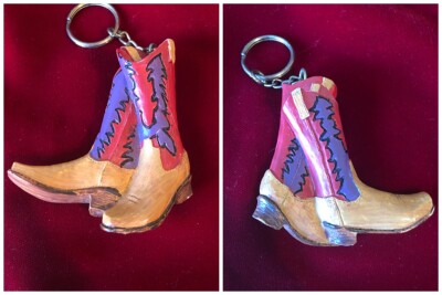 Cowboy Boots Keyring Hanger Ornament Resin Wood Look Painted 2.75'' No Brand