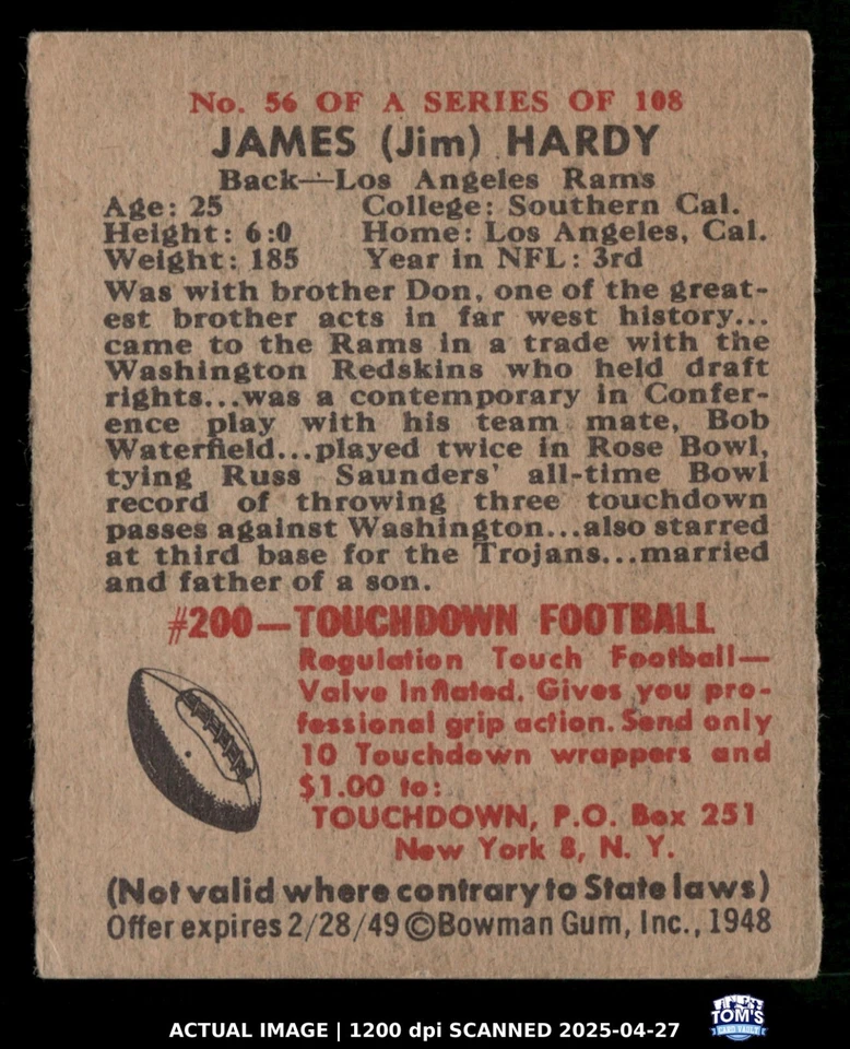 1948 Bowman #56 JAMES HARDY Los Angeles Rams RC NM - Image 2 of 3