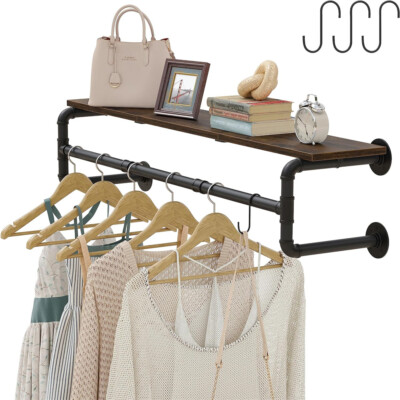 Heavy Duty Pipe Clothes Rack with Top Shelf,3 Hooks Wall Garment Hanging Rod Bar