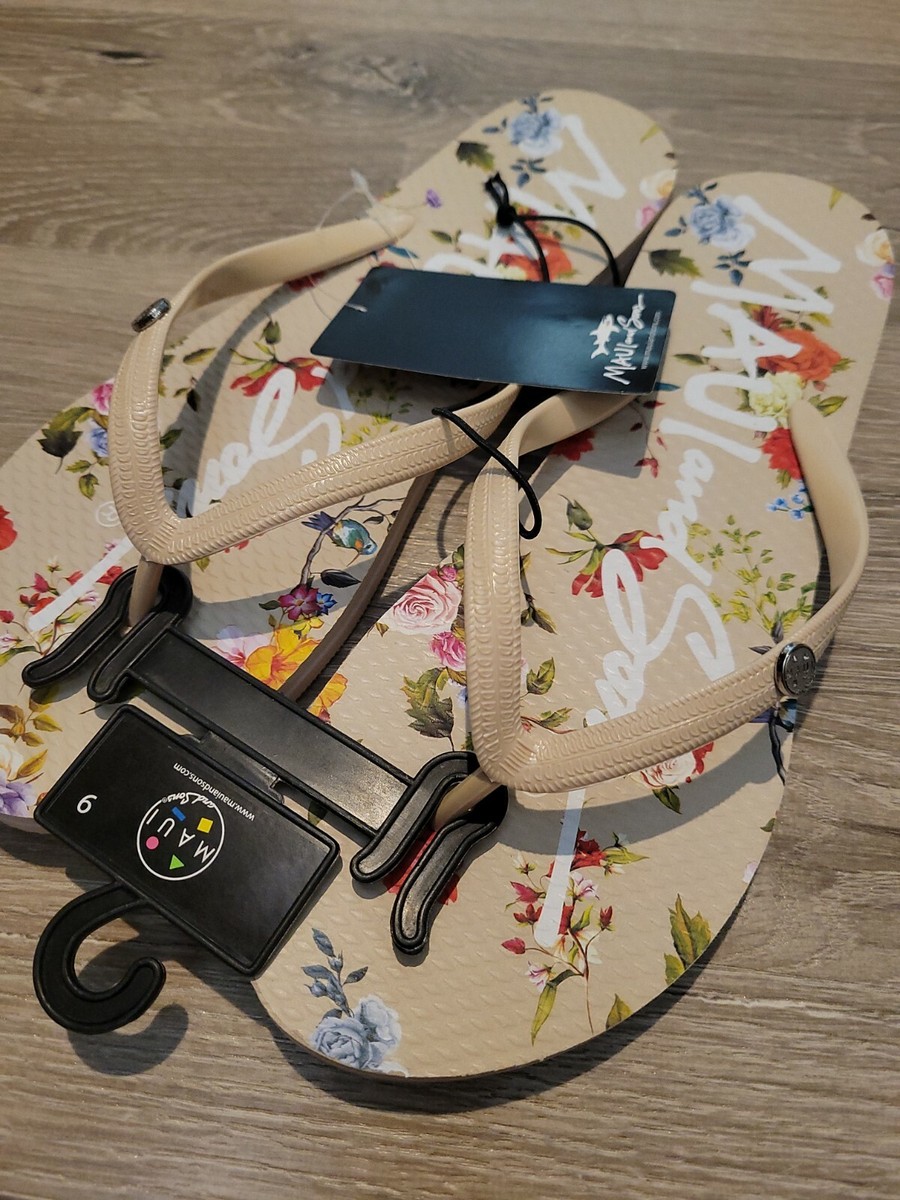 New Maui & Sons Beige Tropical Floral Sandals Flip Flops