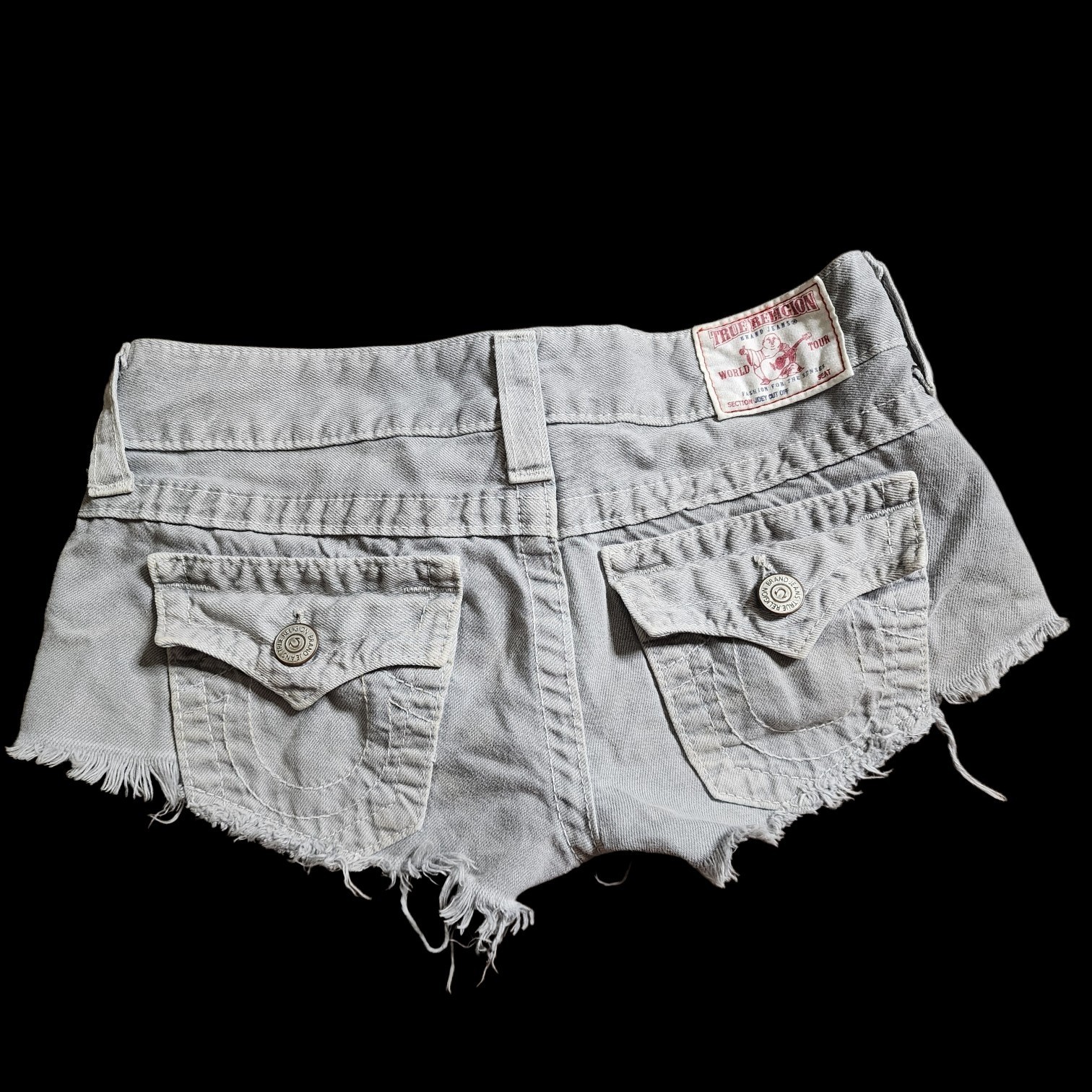 True Religion Vintage y2k Joey Cut Off Grey Jean Shorts Size 26 Low Rise USA