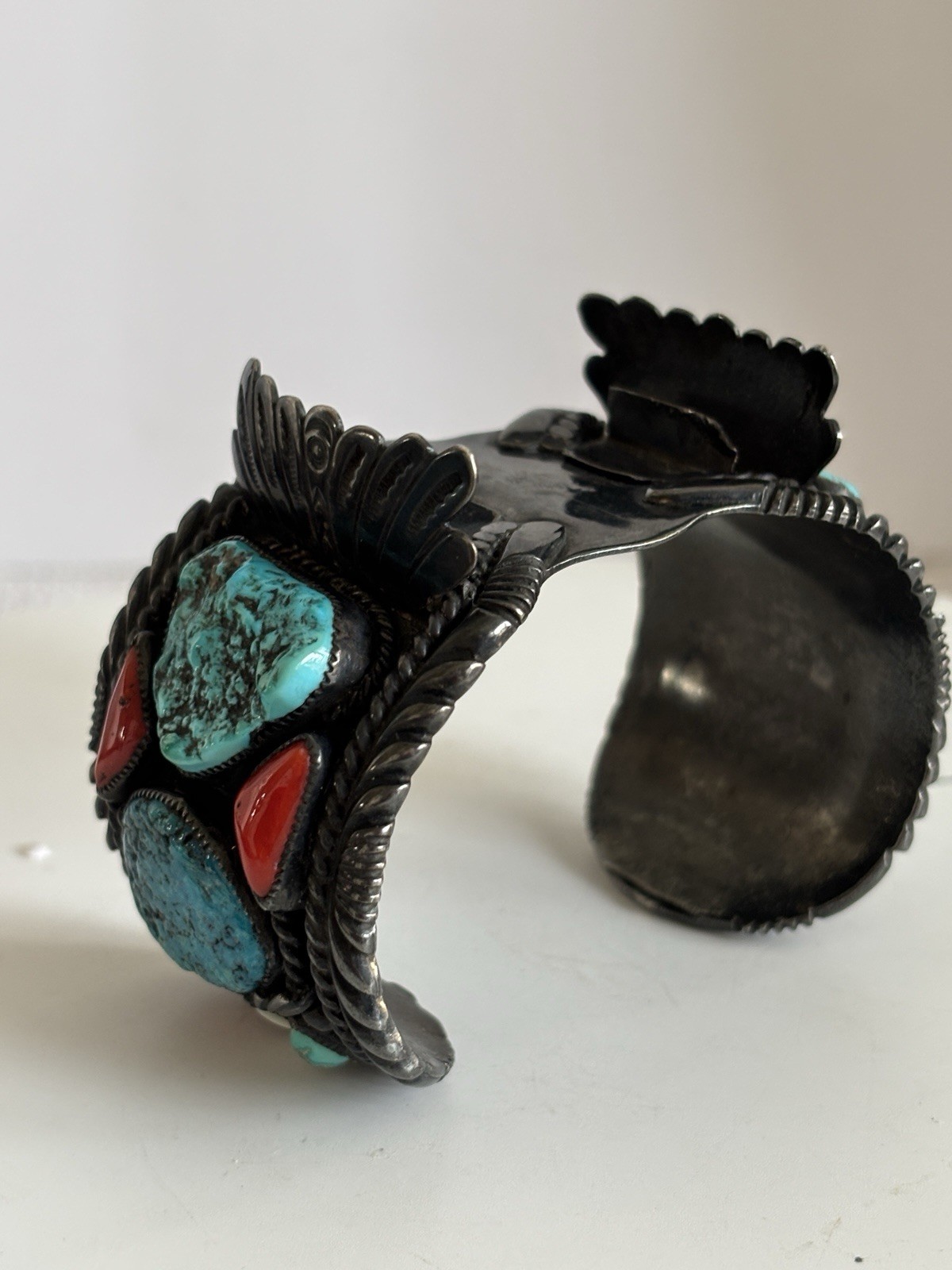 Vintage Navajo JB Sterling Silver Turquoise Coral Large Watch Cuff Bracelet