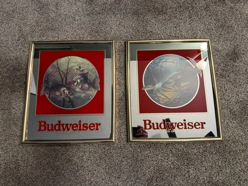 Vintage 1992 Budweiser Bass And Crappie Fish Mirrored Beer Signs