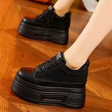 Bling Bling Fashion Sneakers Women Rhinestone Leather Platform Wedge High Heels