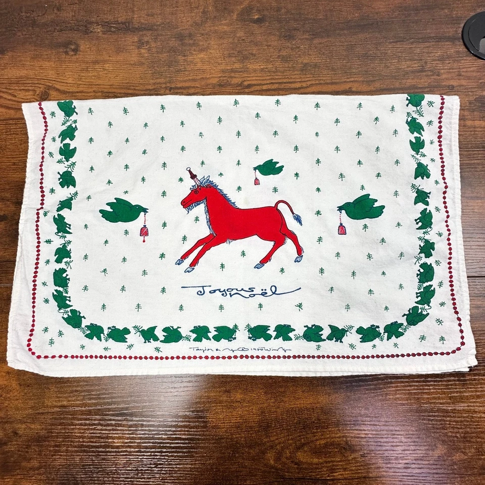 Toalla de cocina navideña Taylor & Ng 1980 de colección unicornio Joyeux Noel rojo verde Foto 2 de 4