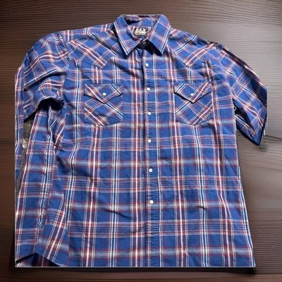 Ely Cattleman Pearl Snap Western Shirt Mens XL Plaid Short Sleeve Cowboy Rodeo