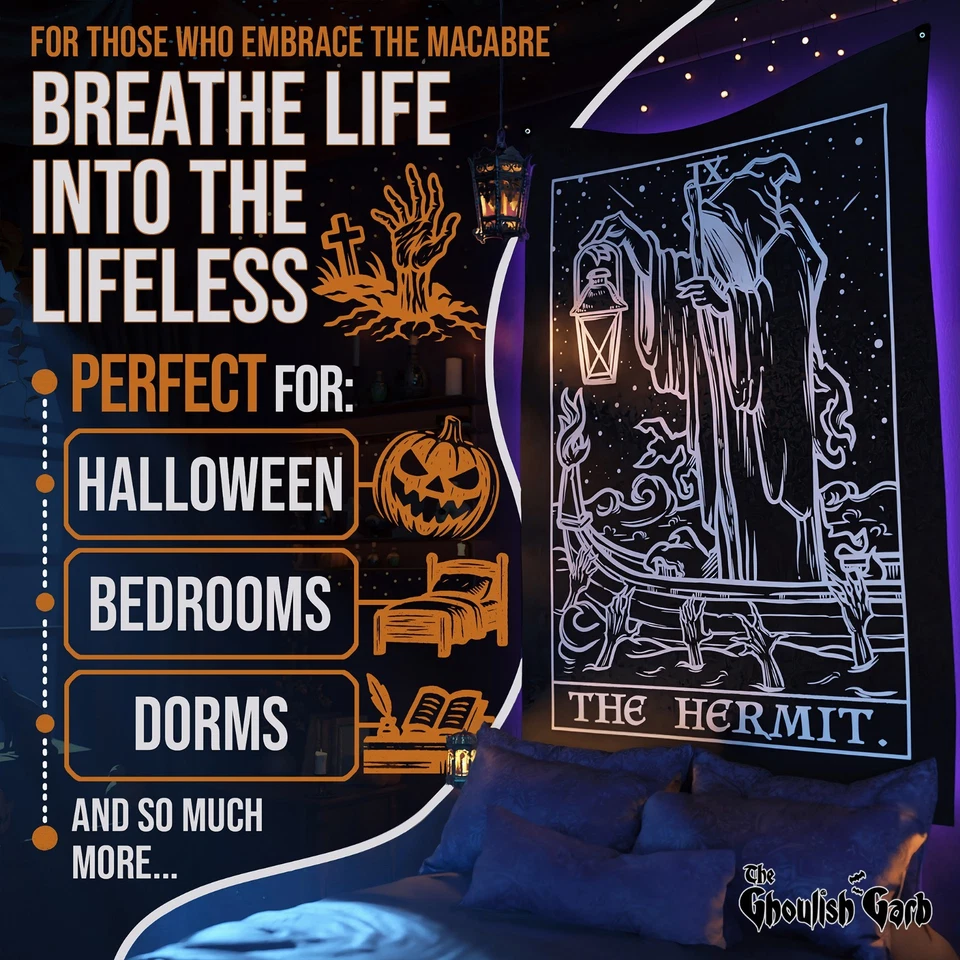 Tapiz de cartas del tarot del ermitaño Parca gótico Halloween Psicopompo (60 x 50) Foto 3 de 4