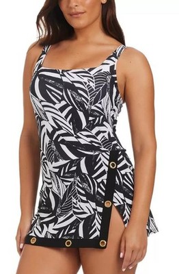 Beyond Control Women's Black/White Sharp Observation Square-Neck Swim Dress 8