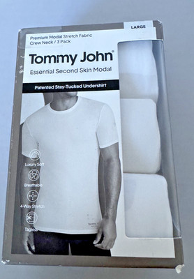  Tommy John Crew Neck Undershirt  Second Skin Modal Stay Tucked 3 Pk White LARGE