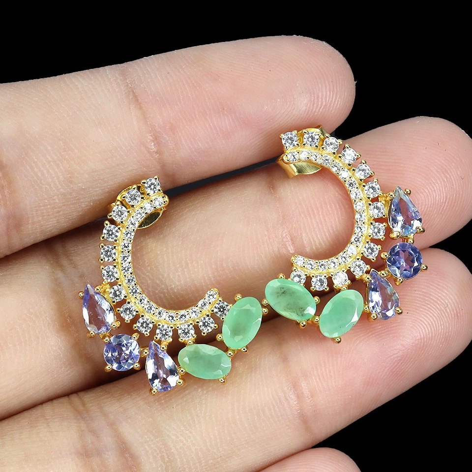 925 Sterling Silber Ohrringe Oval Smaragd Tansanit Natürlicher Edelstein Schmuck - Bild 2 von 4