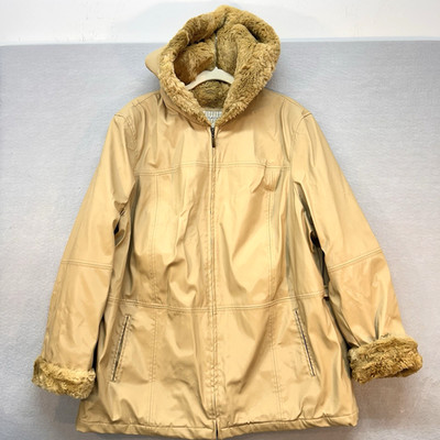 White Stag Womens PolyVinyl Coat Faux Fur Hood Beige Full Zip Lined Plus 2X 18W