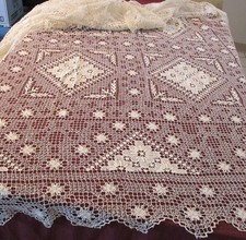 Antique Needle Lace Large Tablecloth 10' Flowers Snowflakes Embroidered Accents