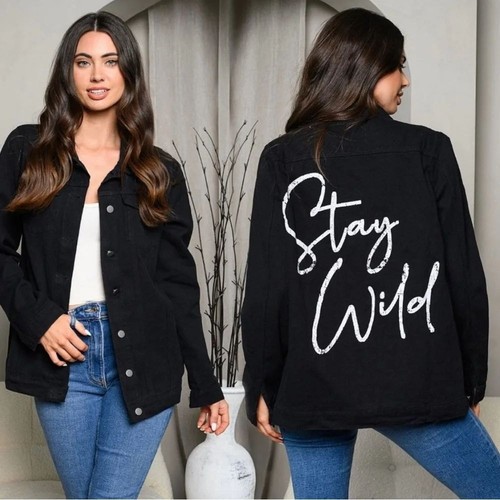 Fantastic Fawn Black "Stay Wild" Printed Denim 100% Cotton Jean Jacket NEW Large