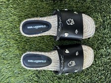 Karl Lagerfeld Black Espadrille Slide Sandals with Silver Charms Size 5.5 NWOB