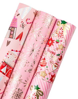 WRAPAHOLIC Christmas 3 Rolls, 17'' x 120''/Roll, Tree & House - Pink