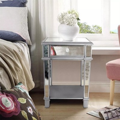 Elegant Mirrored Glass Bedside Table Nighstand Side Table Cabinet Drawer & Shelf
