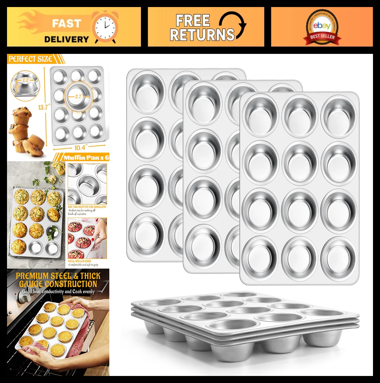 Stainless Steel Muffin Pan Set of 6 - 12 Cup Non-Toxic Baking Tins, Heavy Duty,
Opens in a new windo