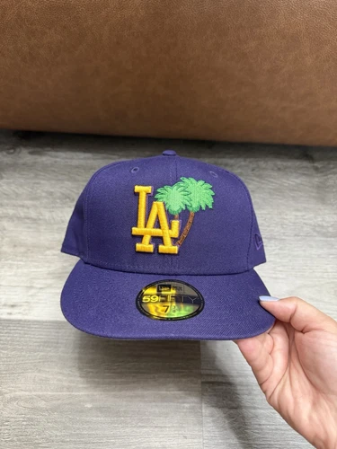 New Era Hat Club Exclusive 59Fifty LA Dodgers Lakers Purple Palm Tree SZ 7 3/8 
