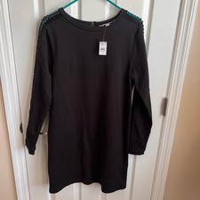 NEW Ann Taylor LOFT Black Dress Crochet Trim Long Sleeve Cotton Blend Women's S