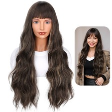 Synthetic Heat Resistant Long Curly Wig with Full Bangs Brown Blonde 26 Inch